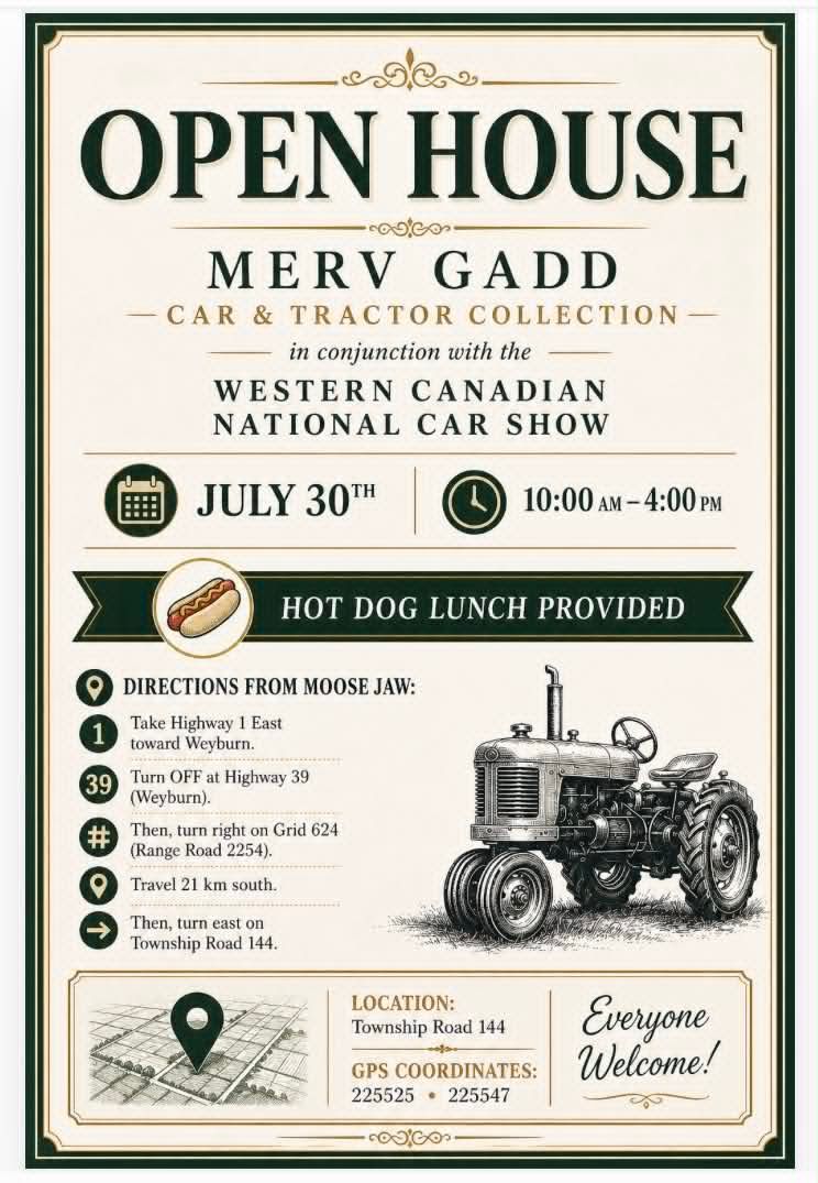RSVP Open house flyer for Merv Gadd’s car and tractor collection at Western Canadian National Car Show, July 30.