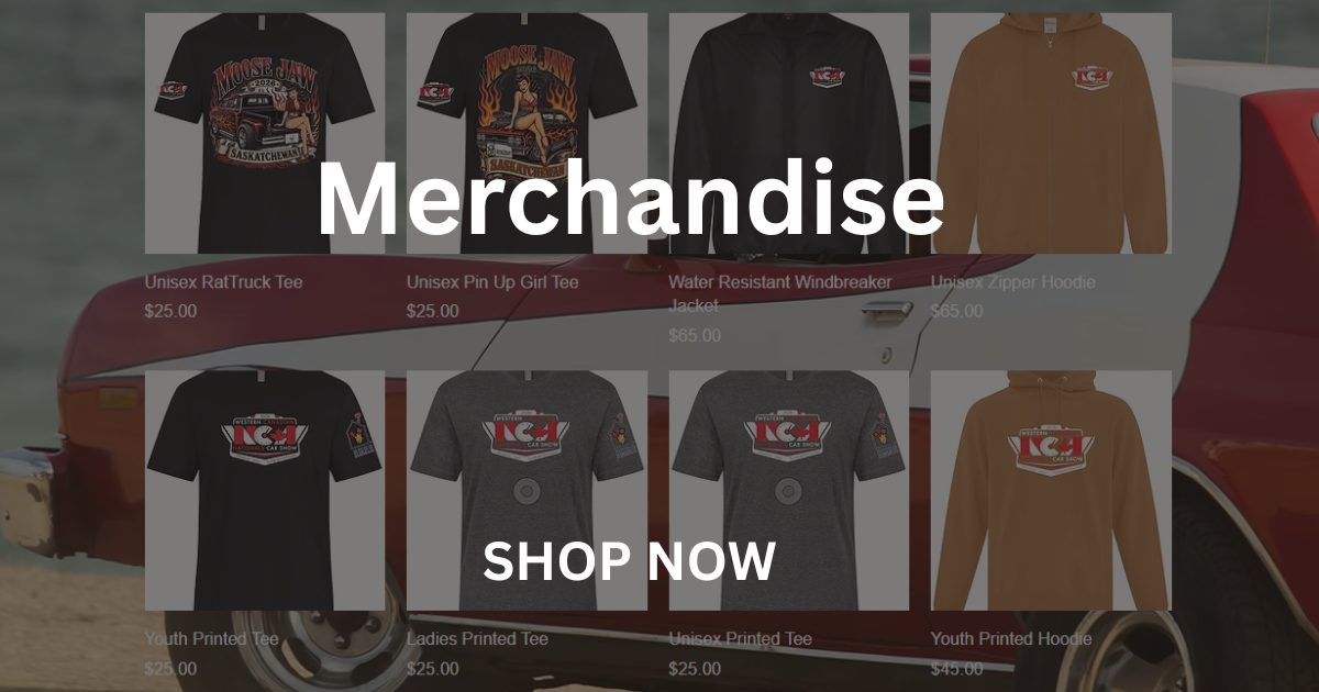 A promotional banner for Nationals Car Show merchandise, featuring hoodies, t-shirts, tumblers, and glassware.