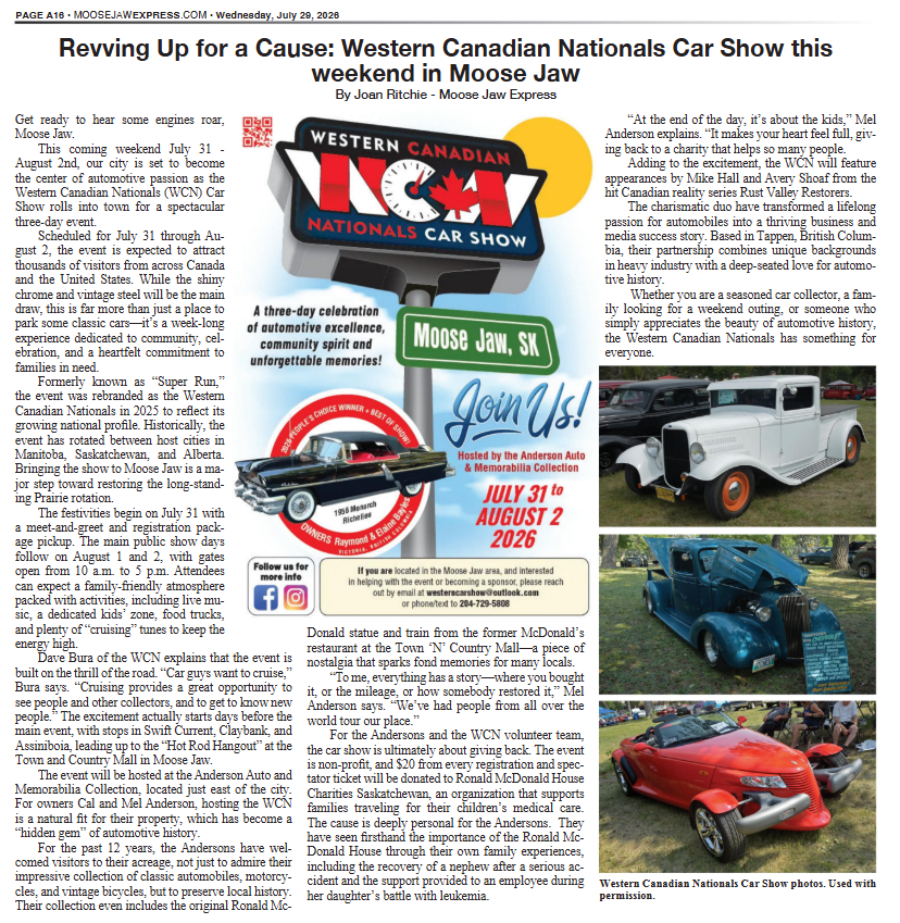 Flyer for Western Canadian Nationals car show with classic cars and event details, Moose Jaw, Aug. 17–18, 2024