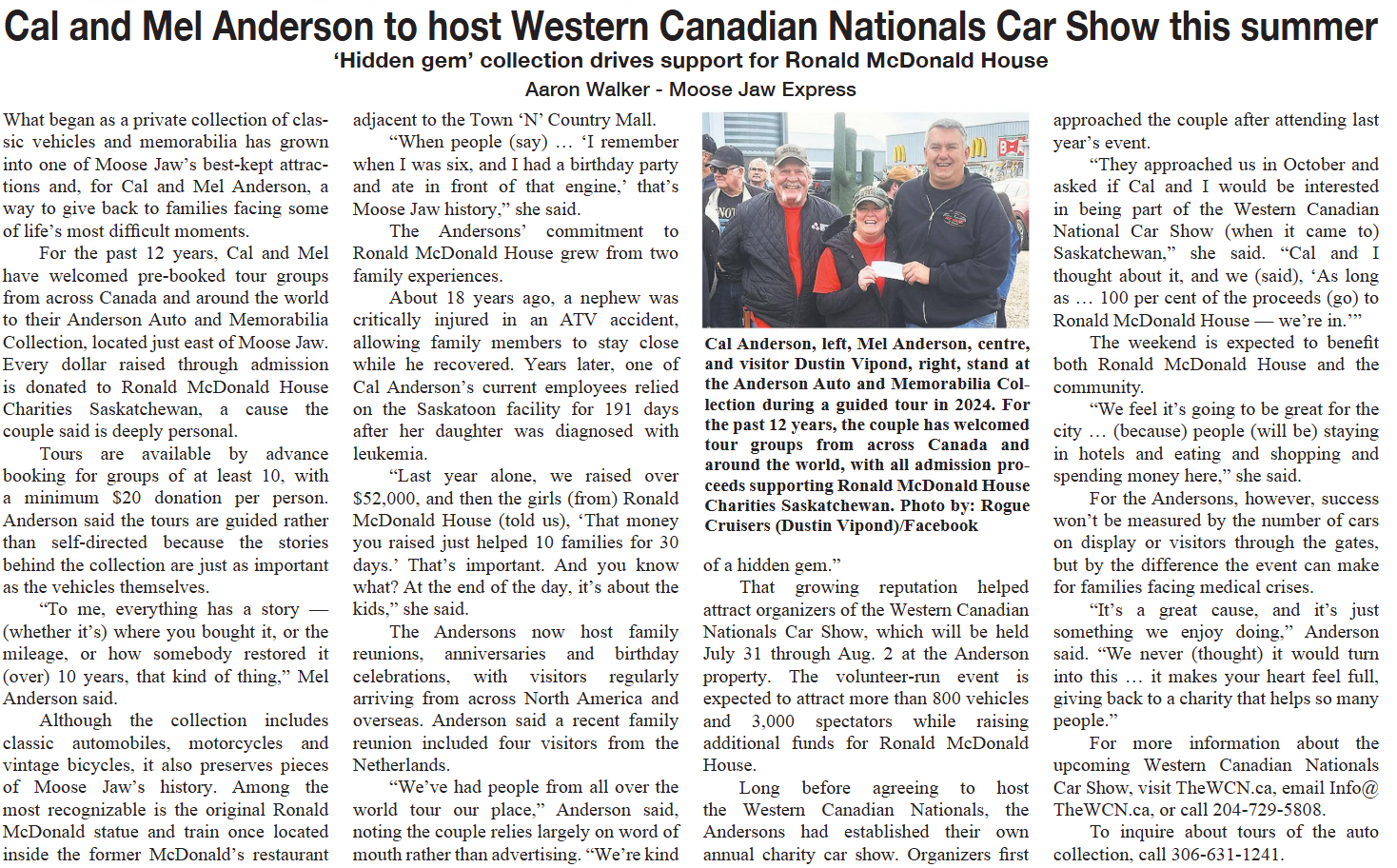 Newspaper article with photo of two men at a car show, titled “Cal and Mel Anderson to host Western Canadian Nationals Car Show this summer”