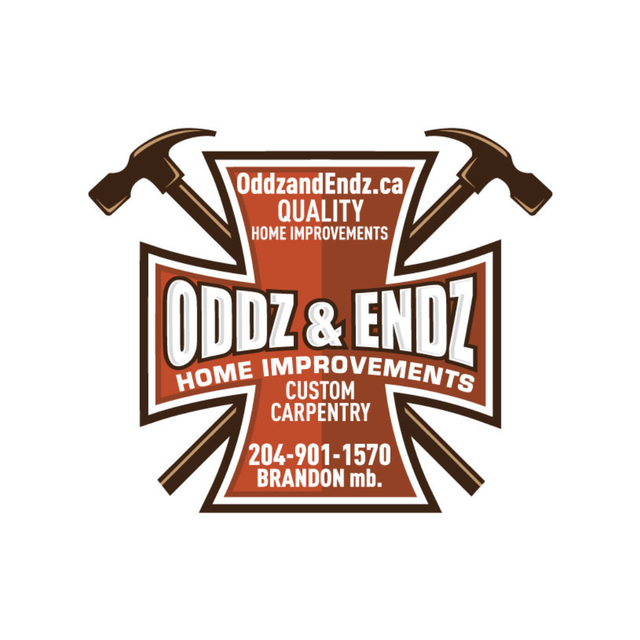 Brown-and-white Oddz & Endz home improvement logo with crossed hammers and contact number