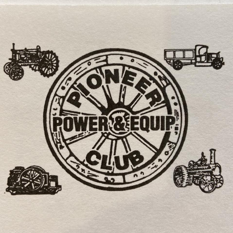 Logo for Pioneer Power & Equip Club, featuring a central wagon wheel surrounded by vintage tractors and a truck.