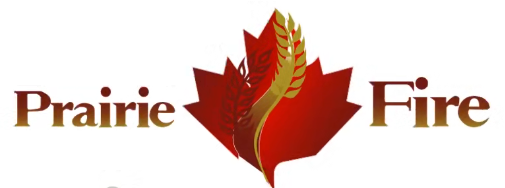 Prairie Fire logo with a red maple leaf and brown text on a white background