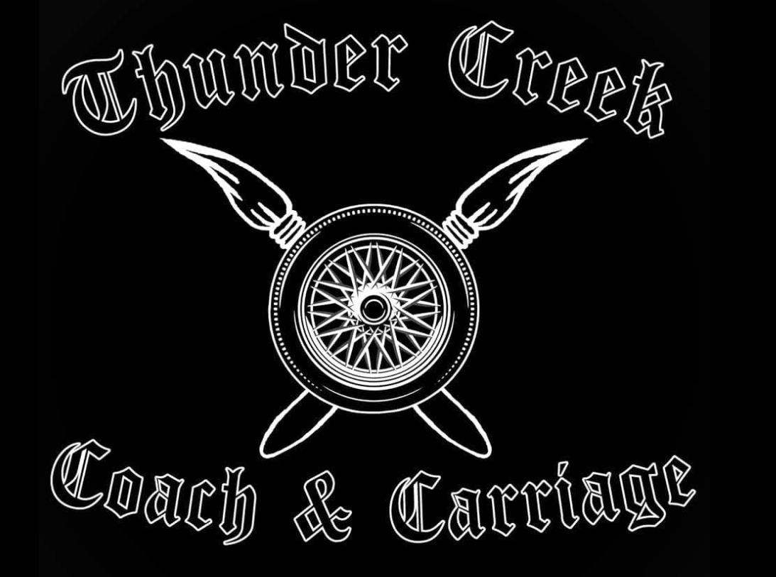 Thunder Creek Coach & Carriage logo with a wagon wheel and crossed reins on a black background