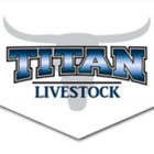 Titan Livestock logo with metallic blue text and a silver bull head emblem