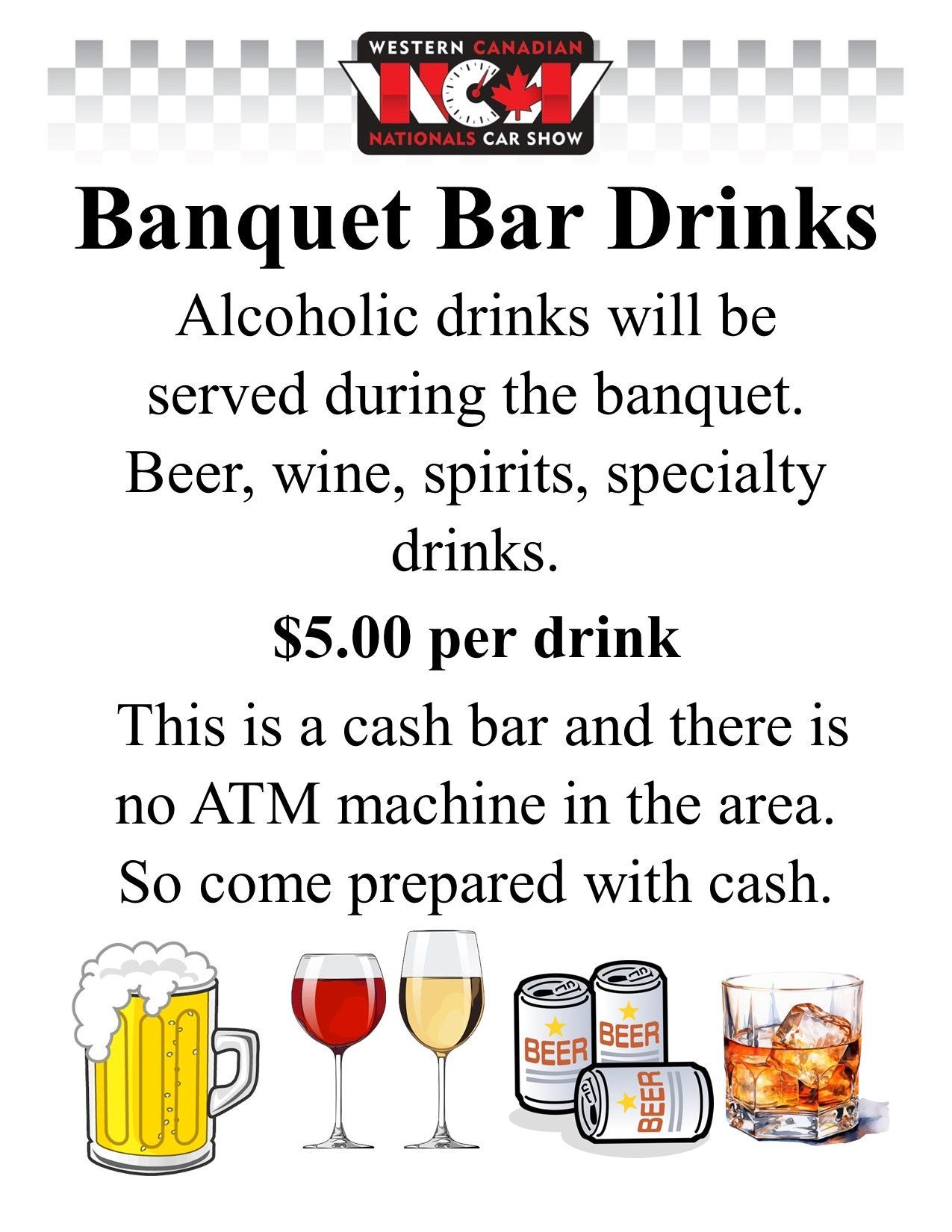 RSVP Banquet bar drinks sign with beer, wine and spirits; $5 per drink, cash only, no ATM nearby