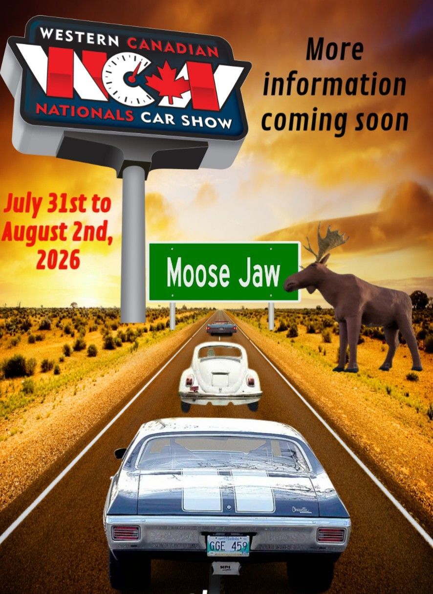 Car show poster: classic cars on highway to Moose Jaw, Saskatchewan. Date: July 31 - August 2, 2026.