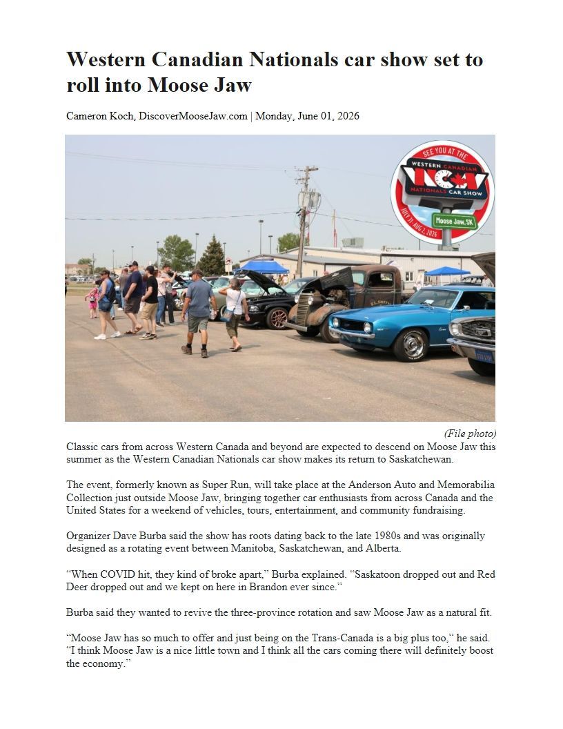 Newspaper article about a car show, with a photo of people walking past classic cars on a dusty road.