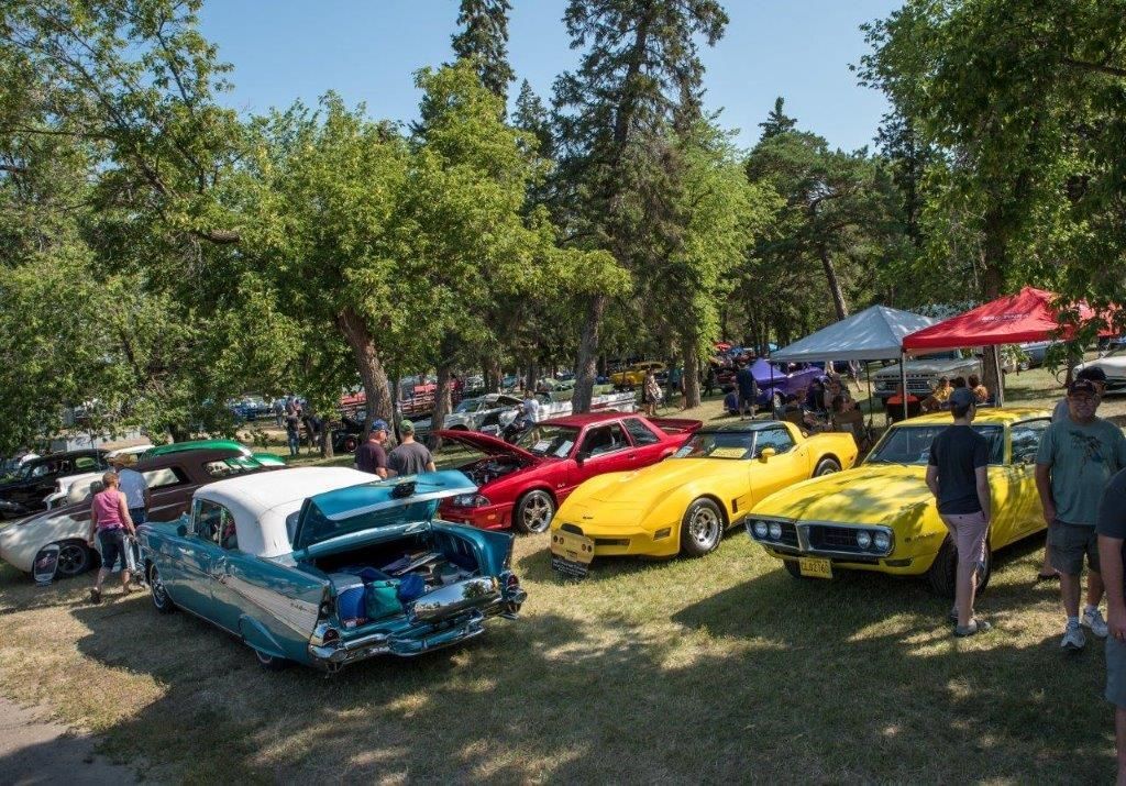 A group of cars are parked in a grassy field.