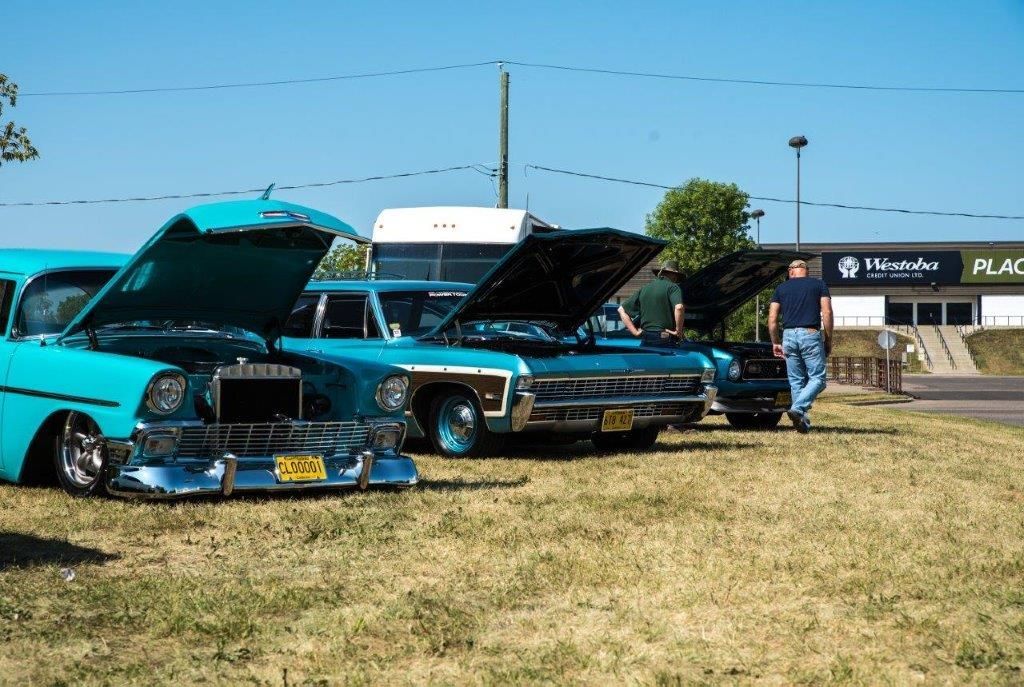 A group of cars are parked in a grassy field with their hoods up.