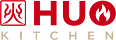 HU Kitchen logo in red and gold with stylized flame icons