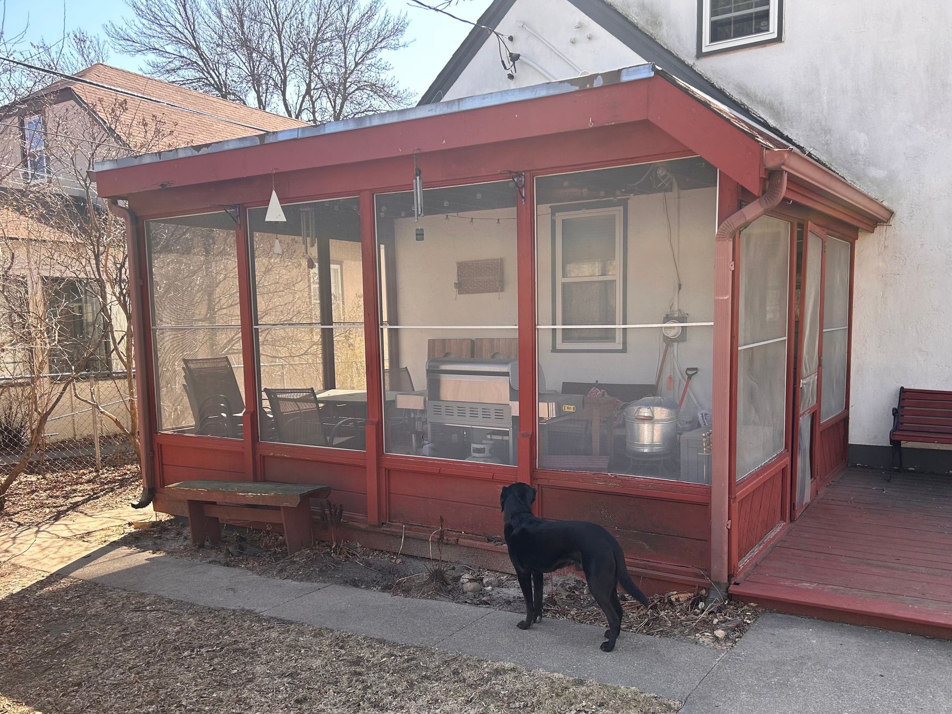 A black dog stands on a patio near a red-framed screened-in porch attached to the side of a house.