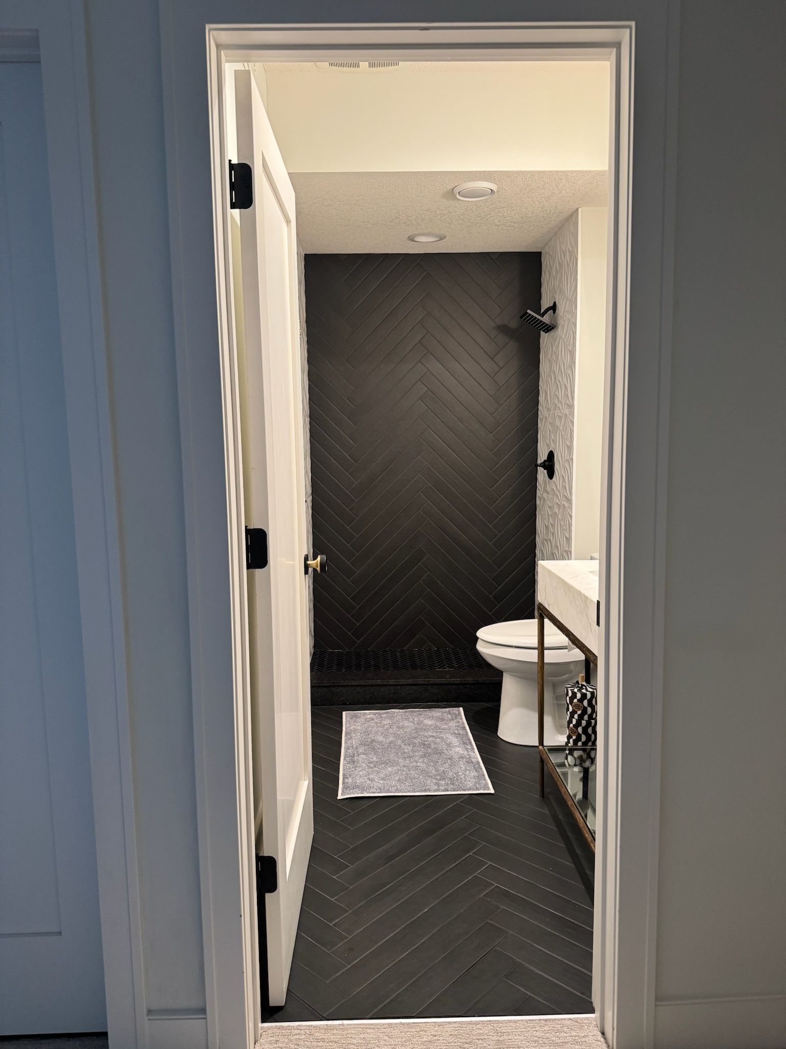 Bathroom interior seen through an open door, featuring dark herringbone tile walls and floors, a white toilet, and vanity.