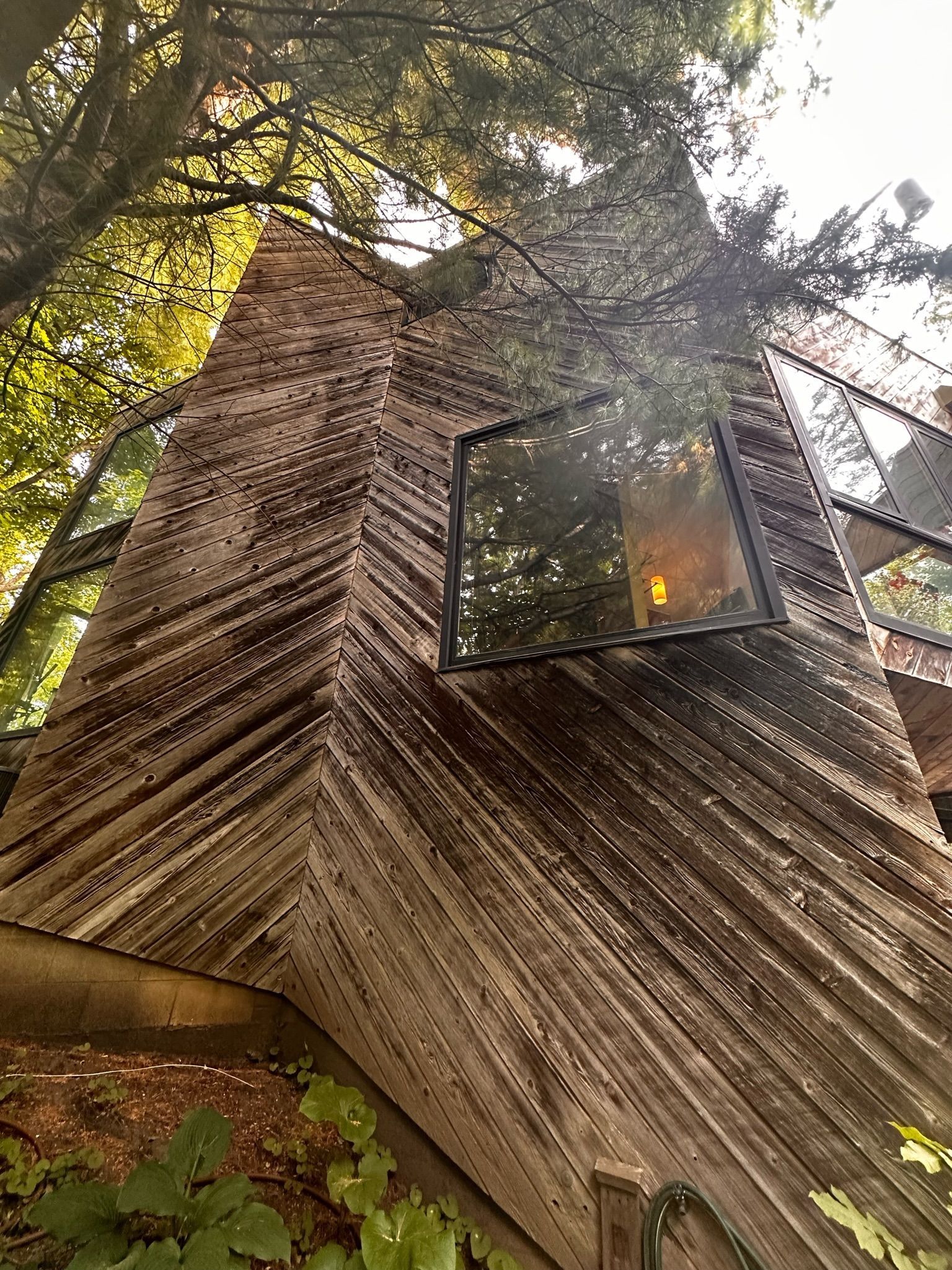 A triangular wooden structure with angled siding and a rectangular window nestled among trees.