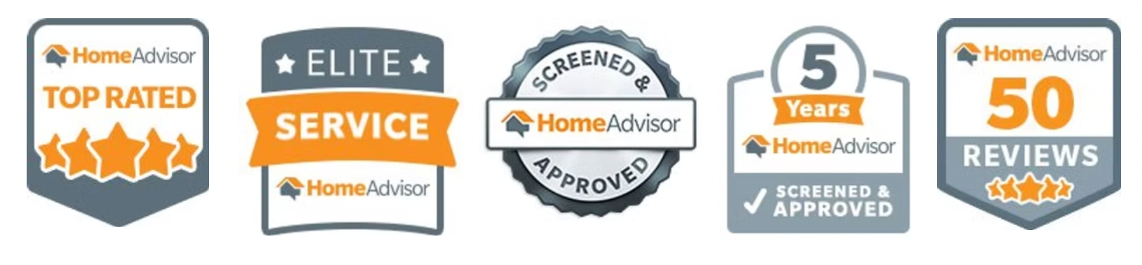 A set of badges that say top rated service and 50 reviews