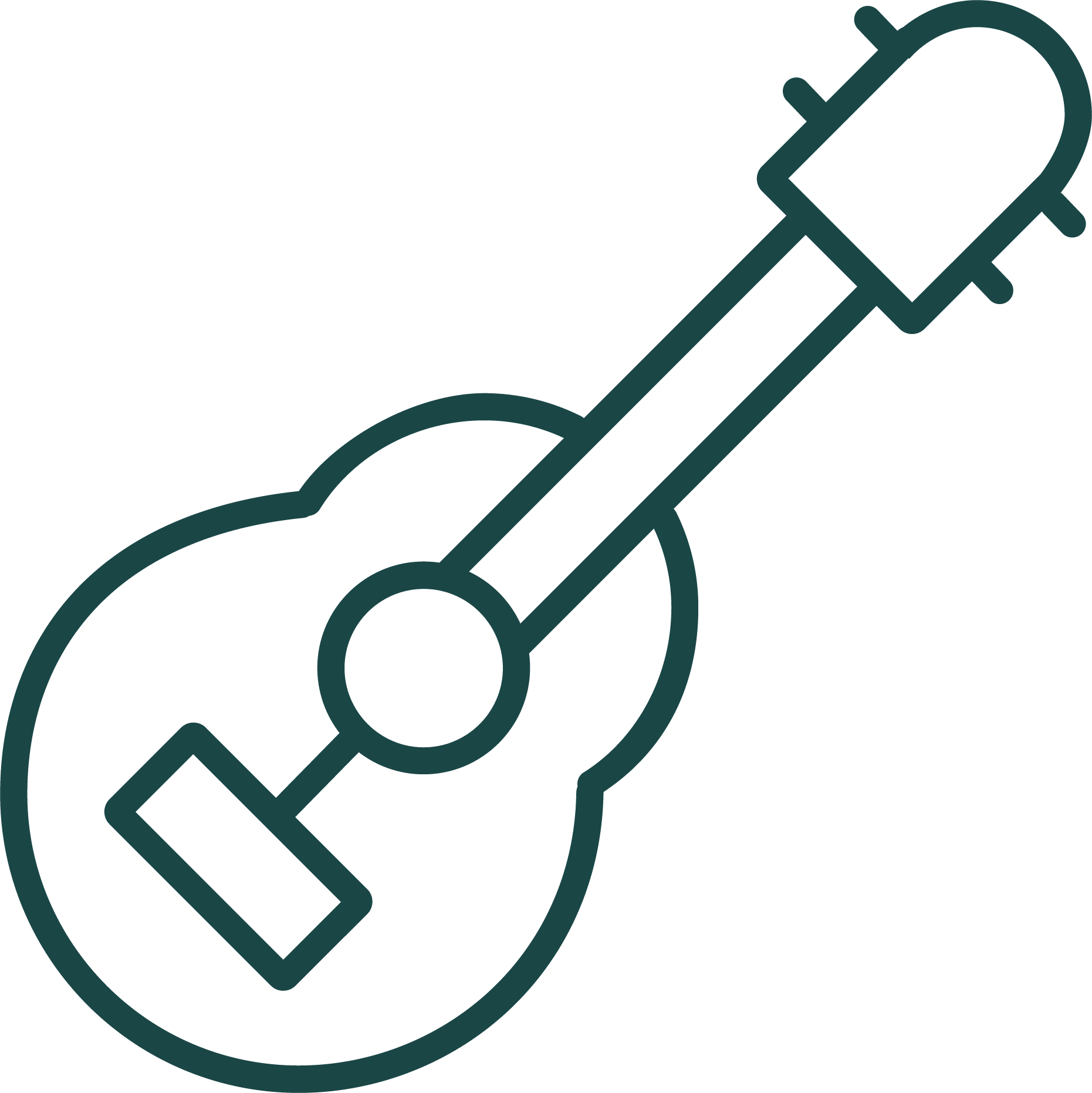 Outline of a guitar in dark teal on a white background