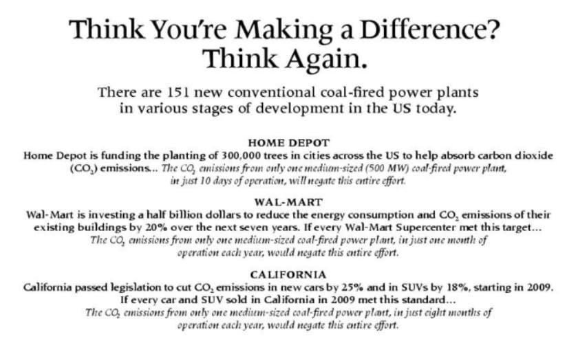 Black-and-white flyer with headline “Think You’re Making a Difference? Think Again.” about new power plants and emissions.