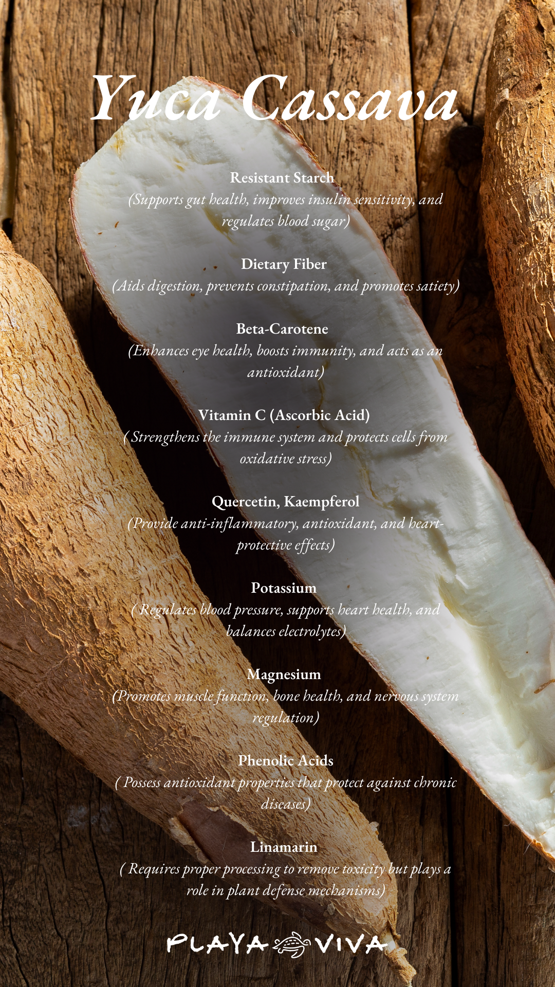 Cassava root close-up with text overlay on a rustic brown background