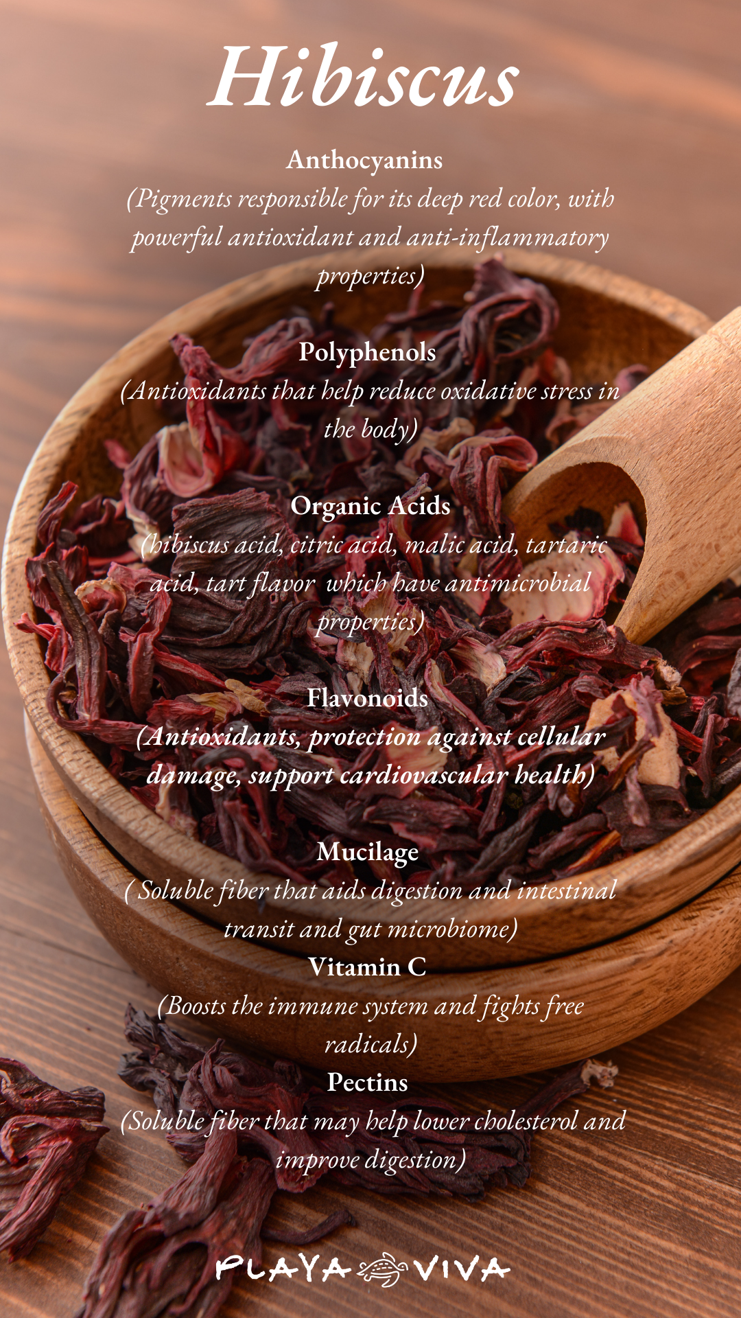 Dried hibiscus petals in a wooden bowl with a spoon, overlaid with recipe text on a warm rustic background