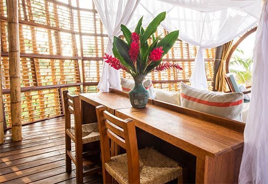 Wooden dining table with flower vase in a bright sunlit room by woven window blinds