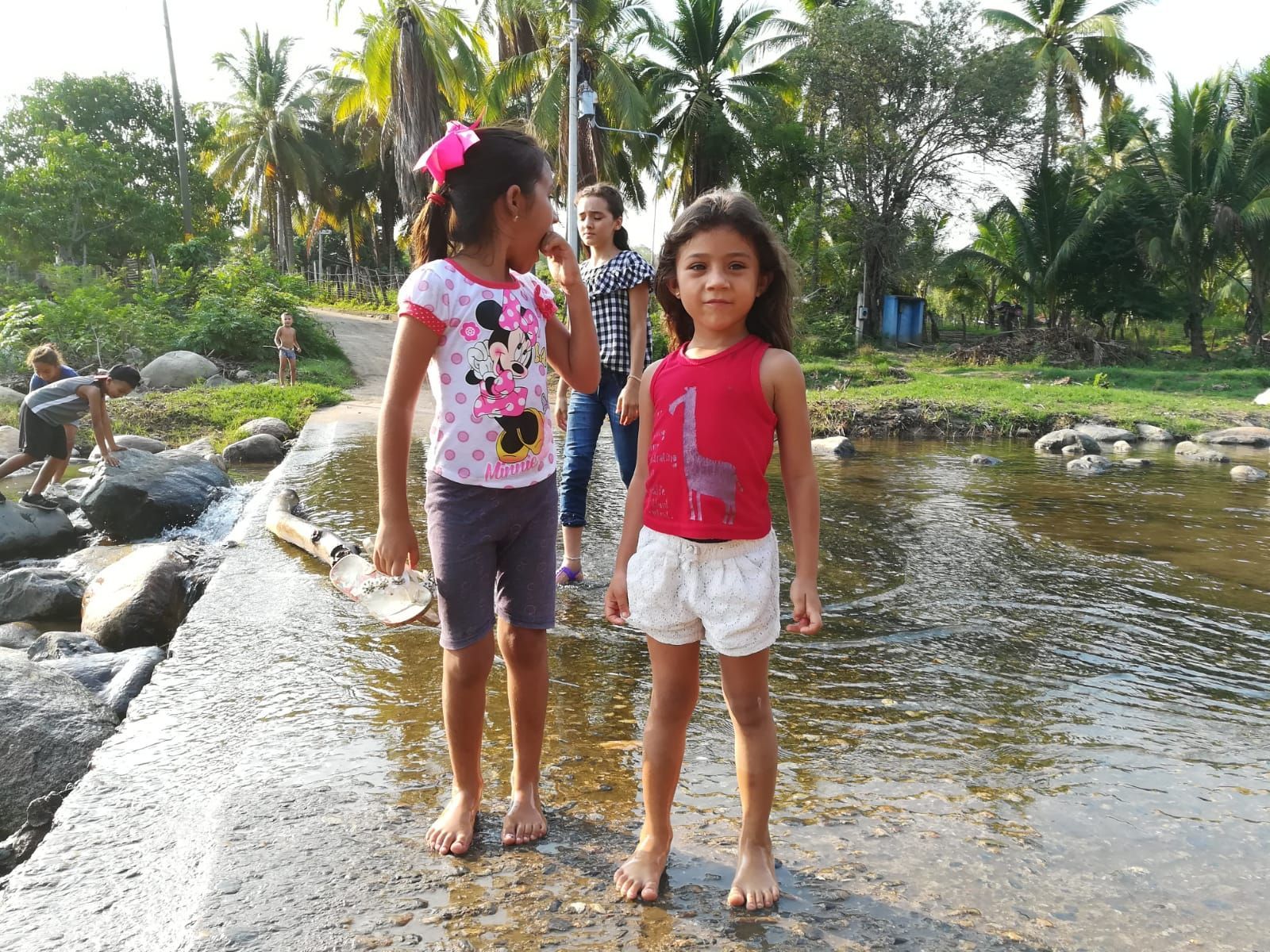 Two children standing barefoot on rocks by a shallow stream in a tropical park