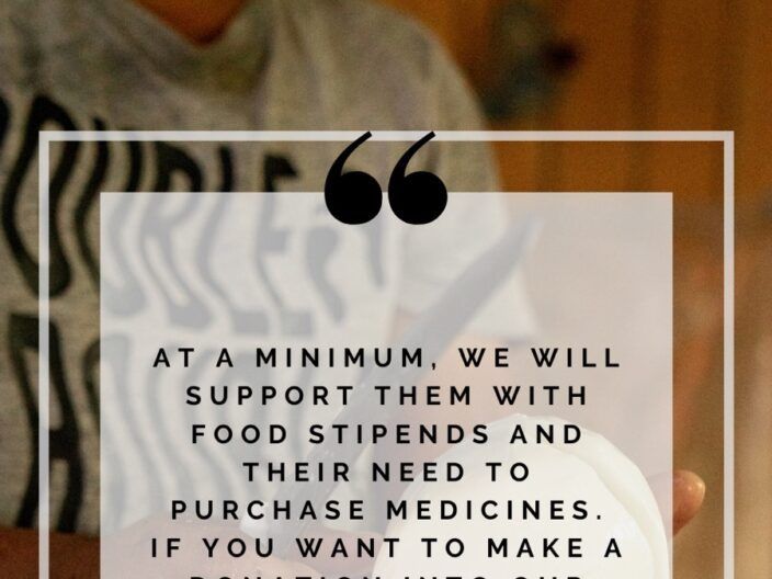 Quote graphic about supporting people with food and medicine, over a soft background with a quote mark.