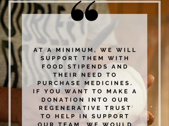 Quote graphic on an orange-brown background about supporting victims with food, toiletries, and donations.