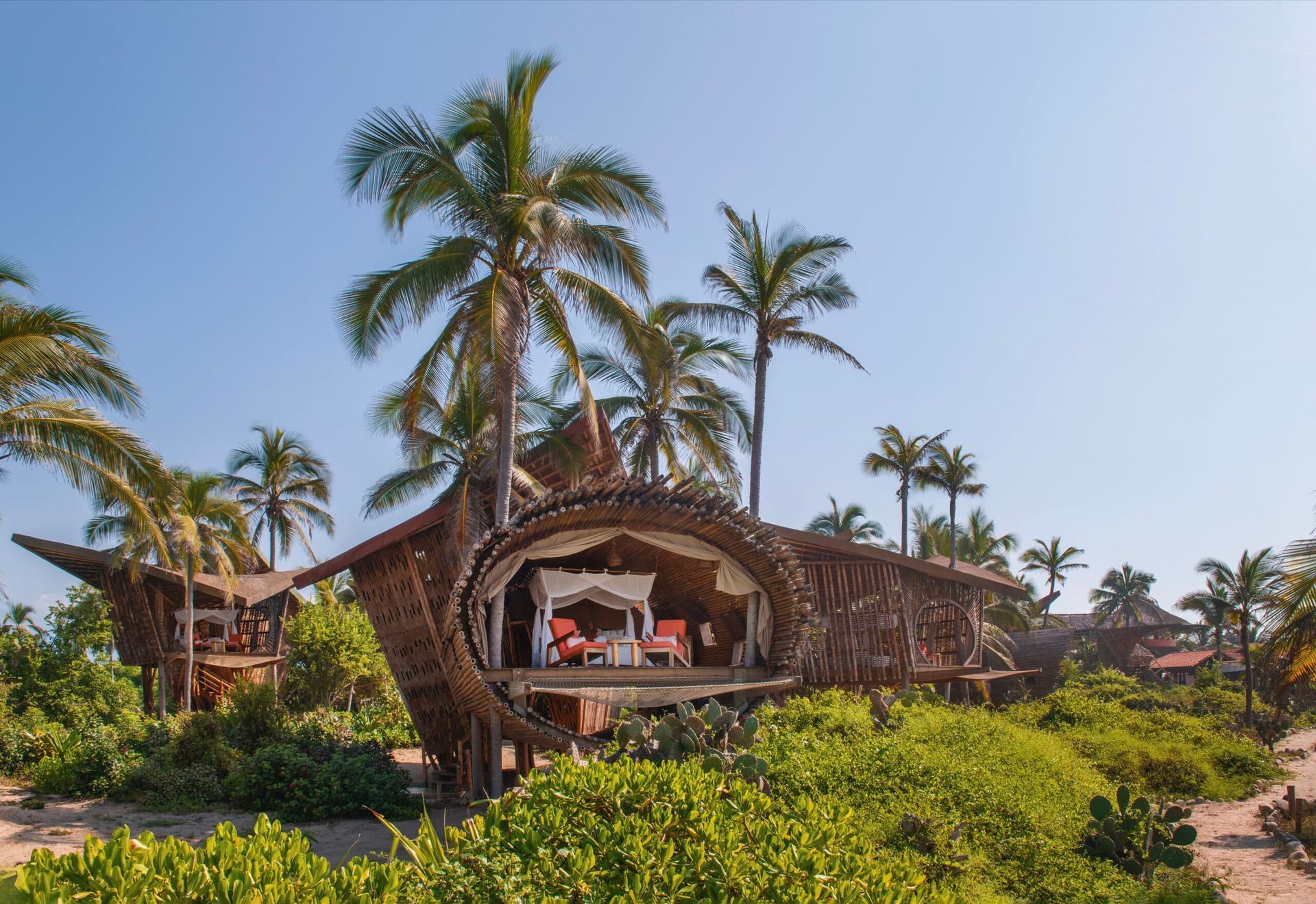 A house shaped like a boat is surrounded by palm trees.