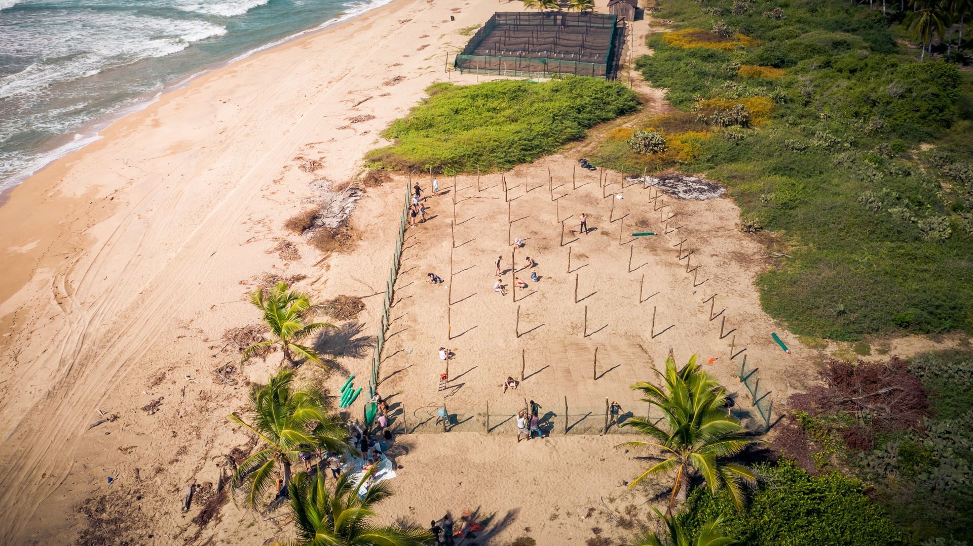 Aerial view of a sandy beach with ocean surf, green vegetation, and a small wooden structure near the shore