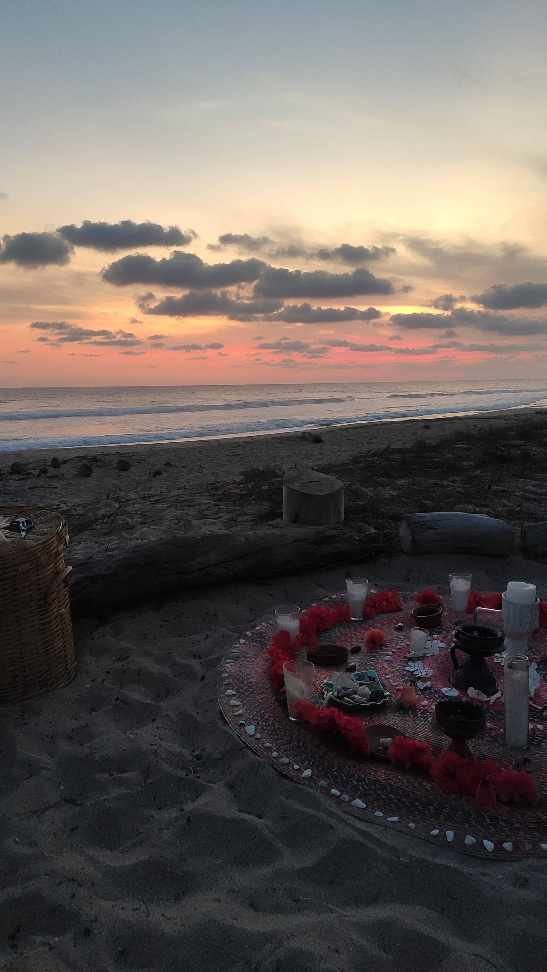 Sunset over a rocky beach with ocean waves and a circular red flower bed in the foreground