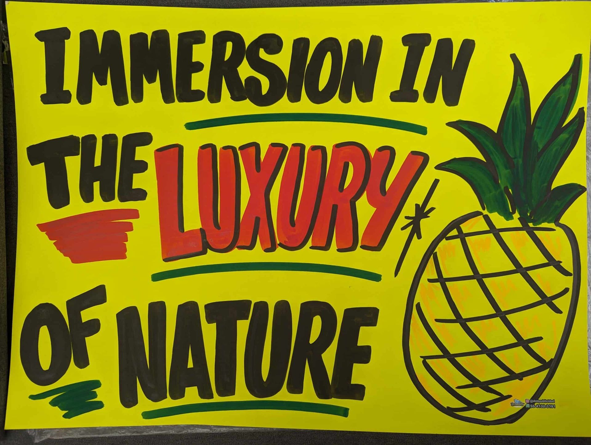 Yellow sign reading “Immersion in the luxury of nature” with a pineapple illustration
