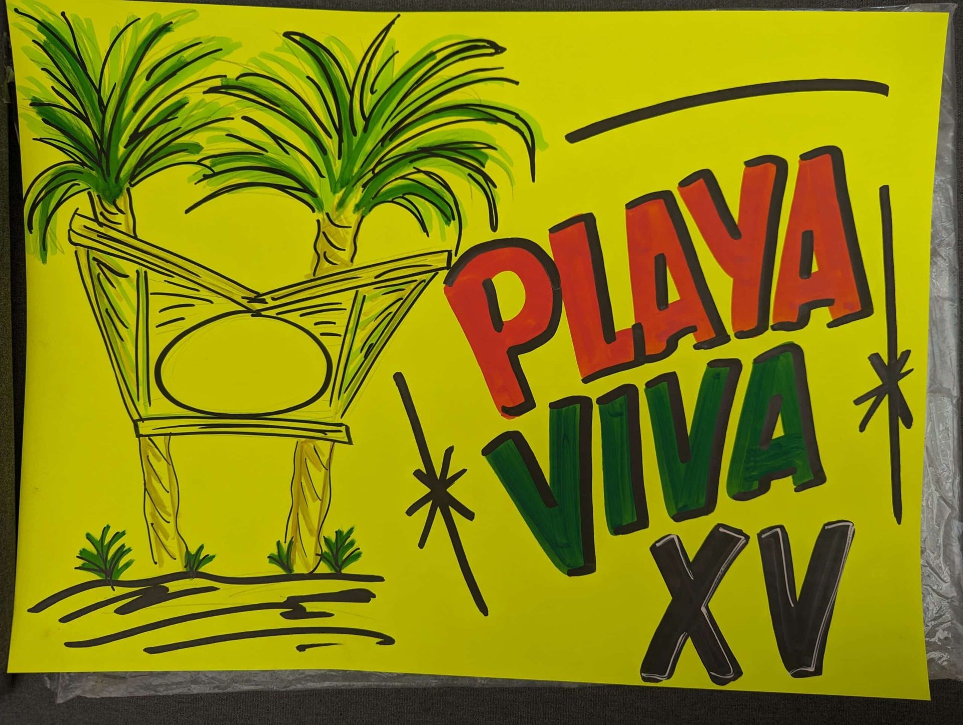 Yellow sign with a sun and palm trees reading “PLAYA VIVA XV” in red and green letters