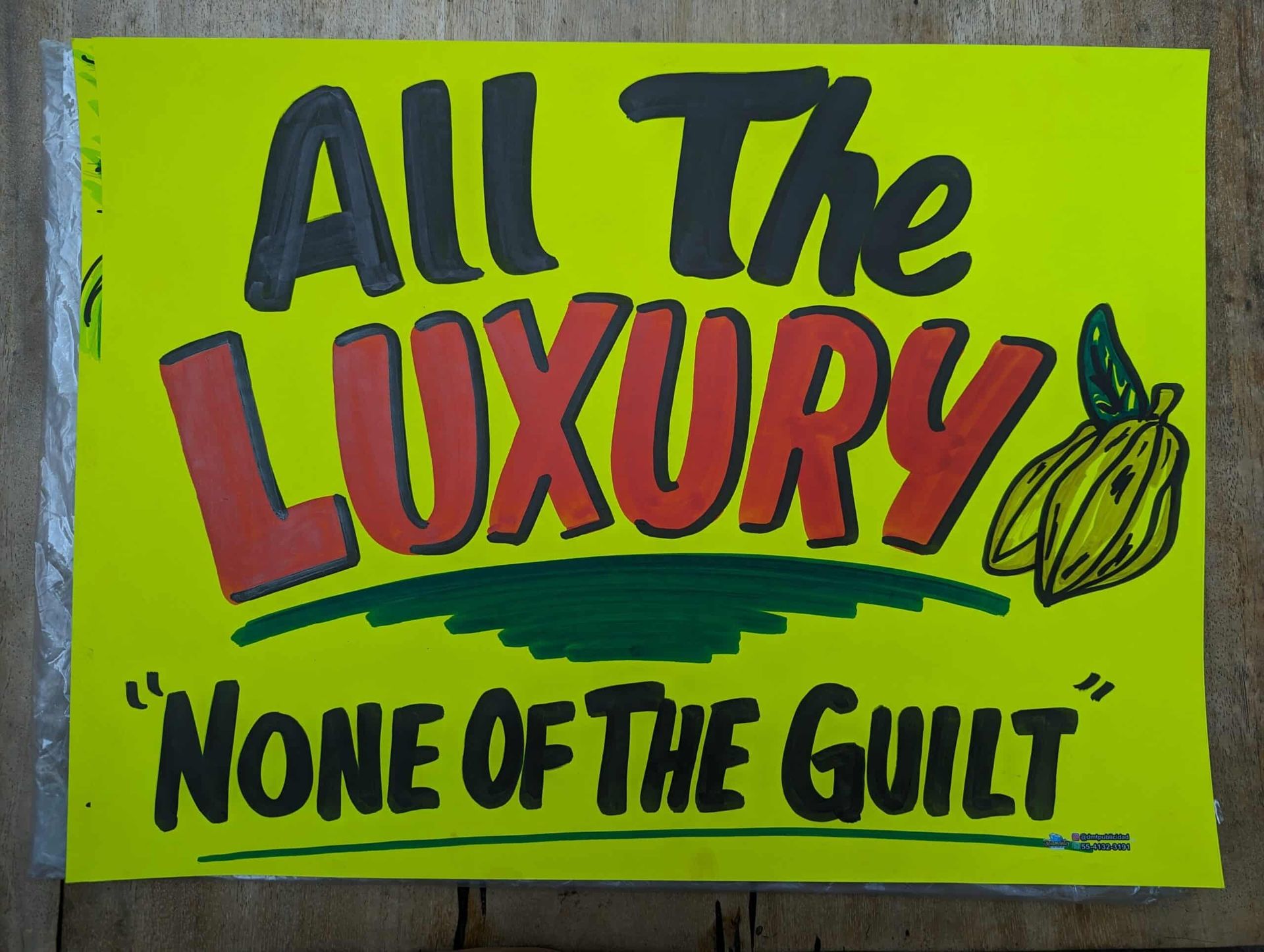 Bright green protest sign reading “All The LUXURY ‘NONE OF THE GUILT’” with a leafy doodle.
