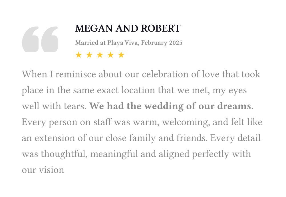 Testimonial quote card for Megan and Robert, with five gold stars and wedding review text on a white background