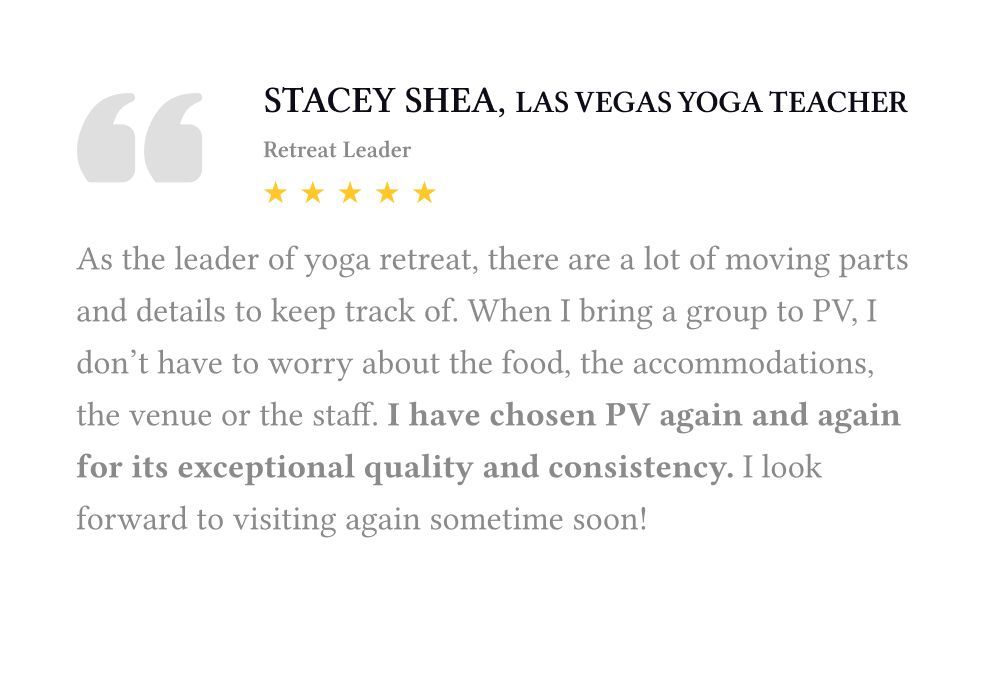 Testimonial quote from Stacy Shea, Las Vegas yoga teacher, praising PV venue for group events.