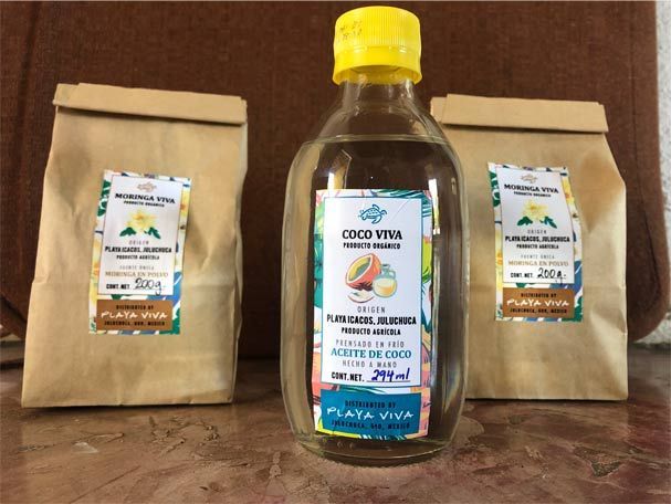 Bottle of organic honey centered between two brown paper bags on a wooden surface.