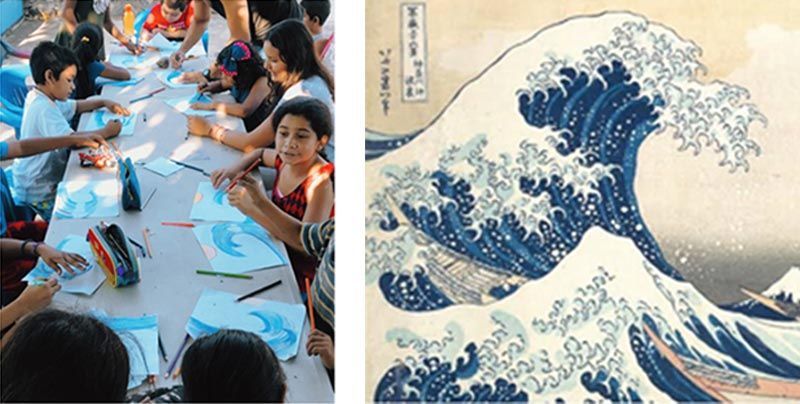 Split image: a crowd painting on a long table beside Hokusai’s Great Wave print.