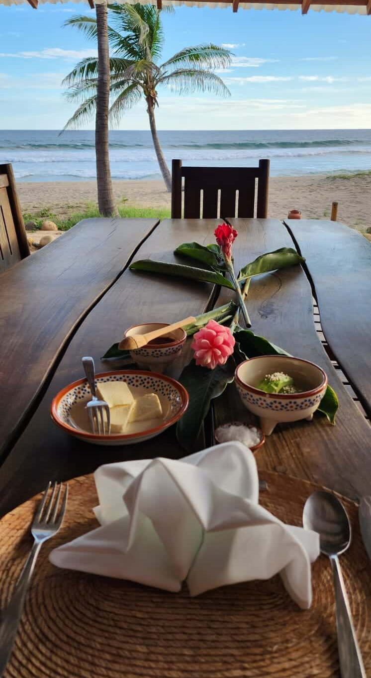 Beachside table set with white napkin, flowers, and dishes, overlooking the ocean and palm trees