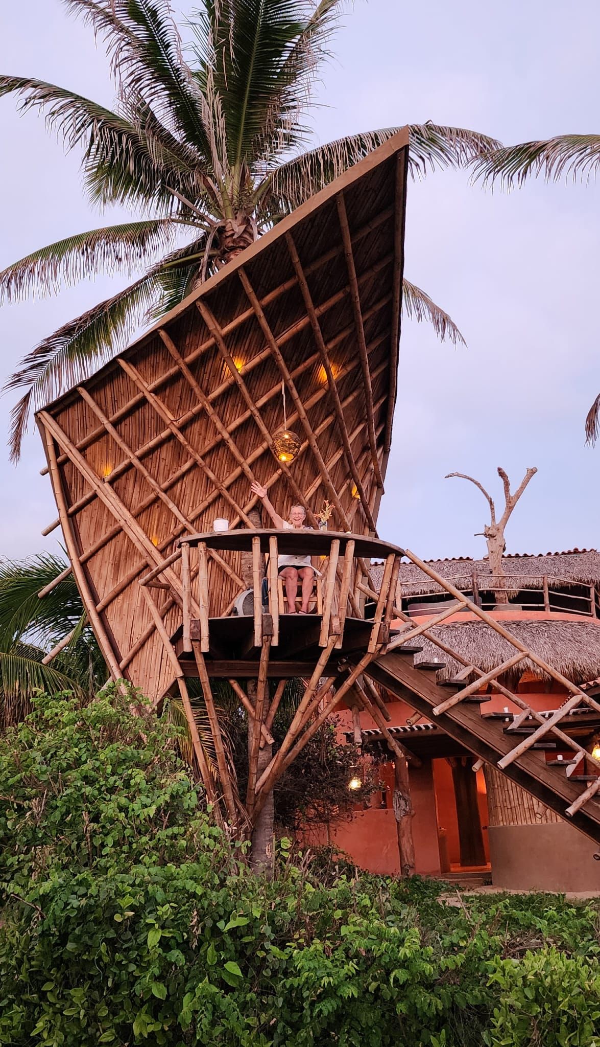 Thatched-roof hut with a dramatic tilted roof, surrounded by palm trees and dense greenery.