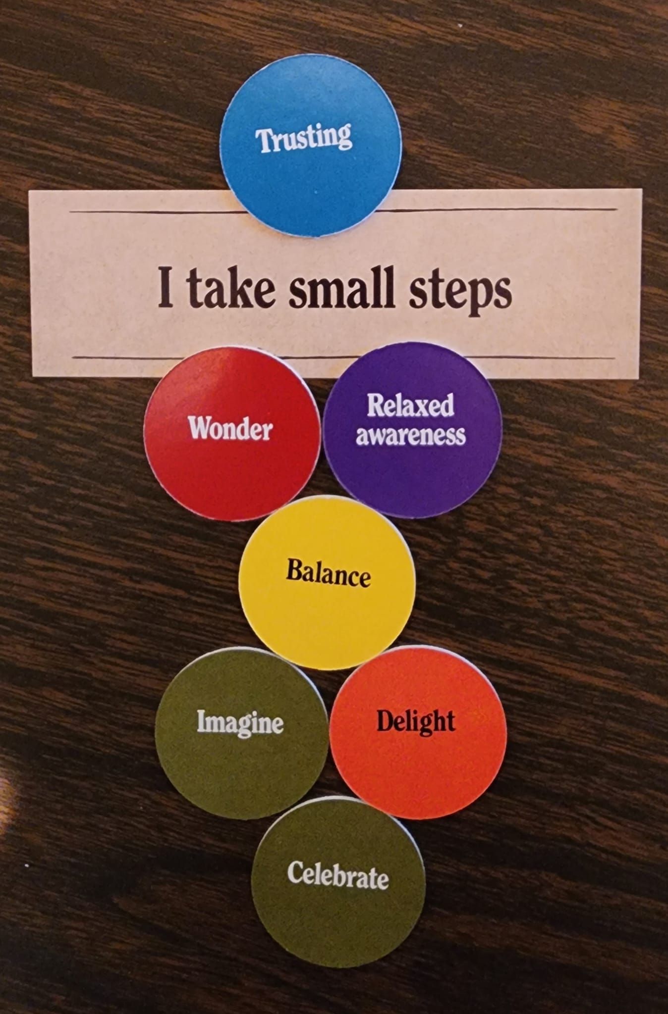 Circular strategy chart with “I take small steps” and colored circles labeled Trusting, Wonder, Relaxed awareness, Balance, Imagine, Delight, Celebrate.