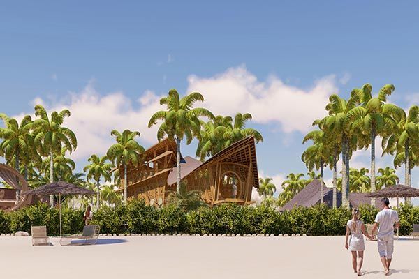 Tropical beach resort with palm trees, wooden huts, and two people walking on the sand under a blue sky