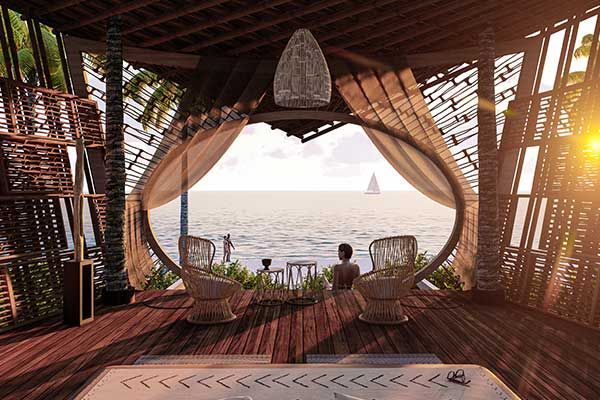 Open-air wooden lounge with ocean view, draped curtains, and sunlit sunset over the sea.