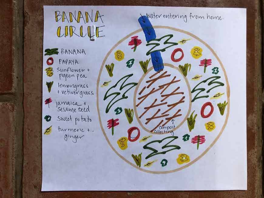 Hand-drawn banana circle poster with a colorful fruit collage and labeled ingredient list.