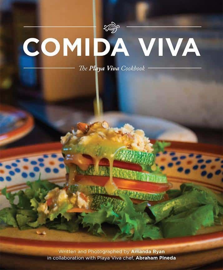 Restaurant ad for “COMIDA VIVA” featuring a colorful stacked salad on a patterned plate.