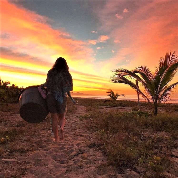 Person walking on a beach at sunset carrying a surfboard, with palm trees and a colorful sky