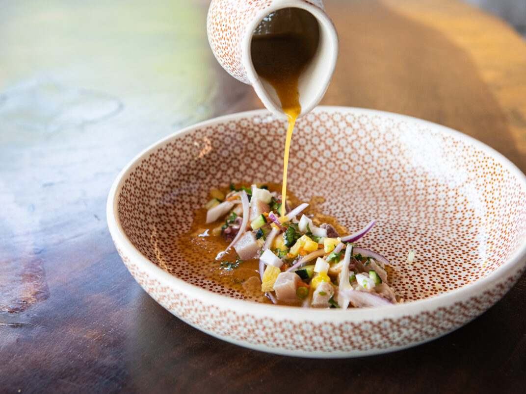 Soup being poured into a patterned bowl on a wooden table