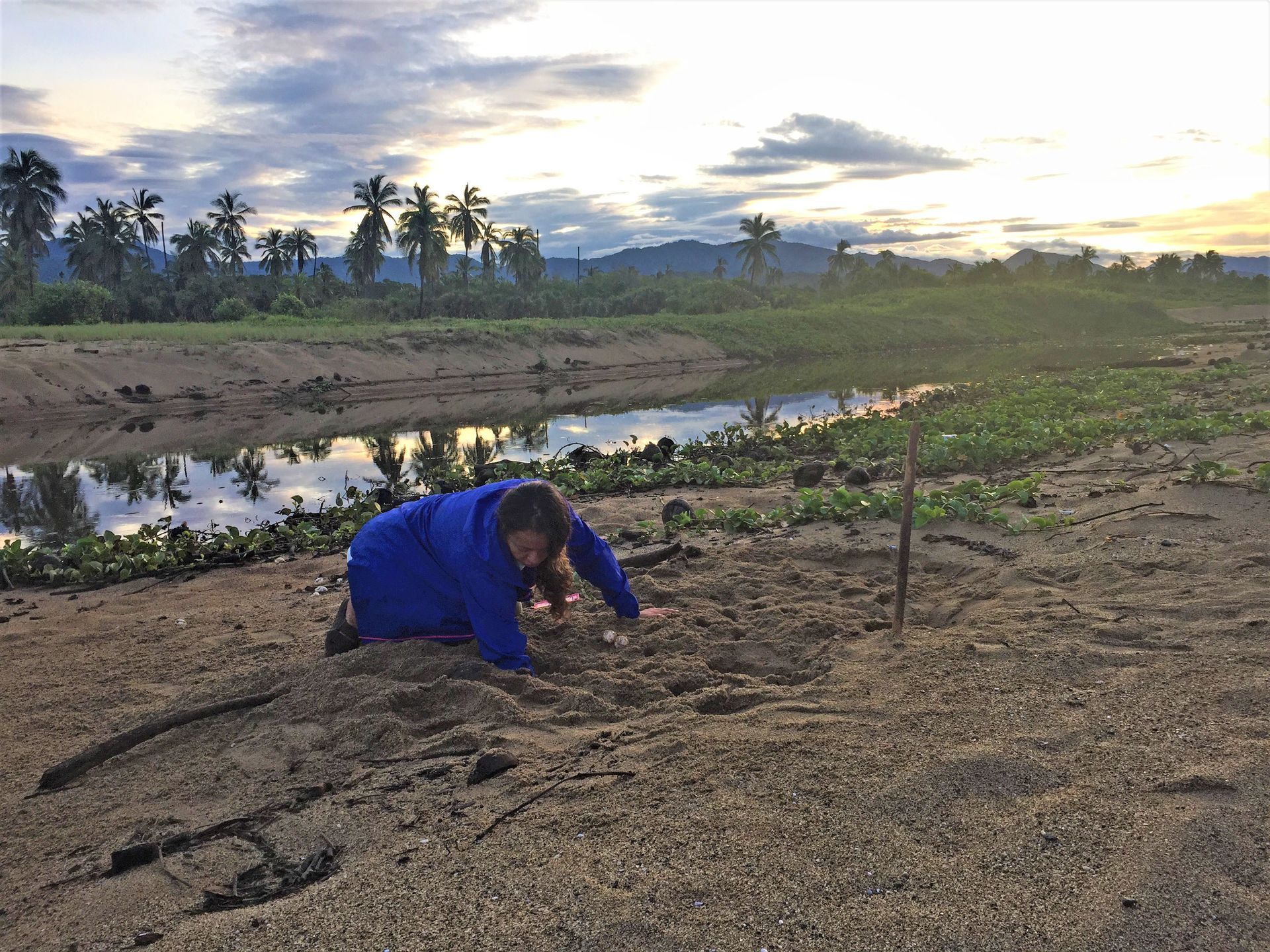 Person in blue crouches in a dry field near a reflective stream at sunset, with palm trees and hills in the distance
