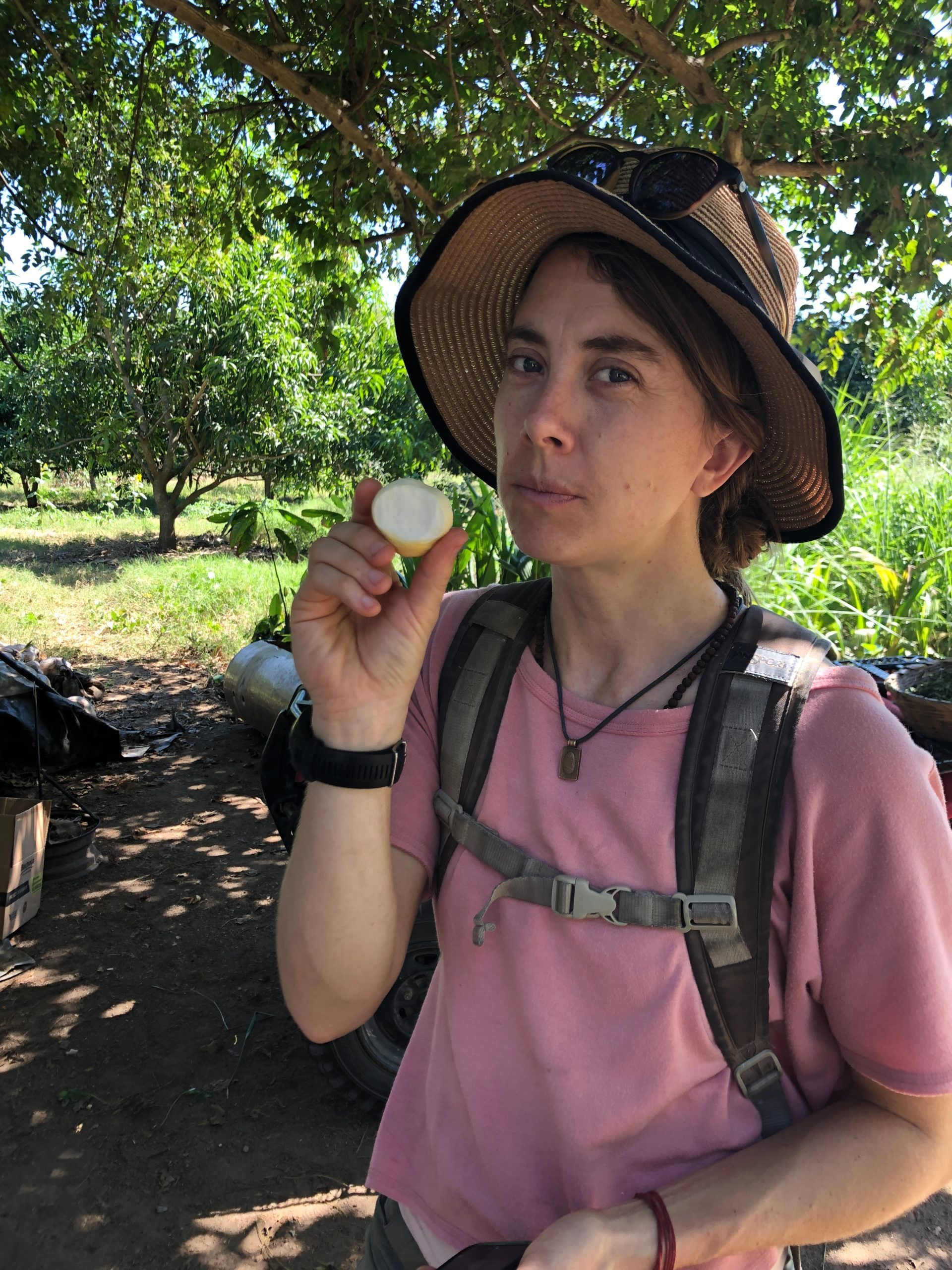 Person in a pink shirt and sun hat holding up a small fruit or mushroom in a wooded area