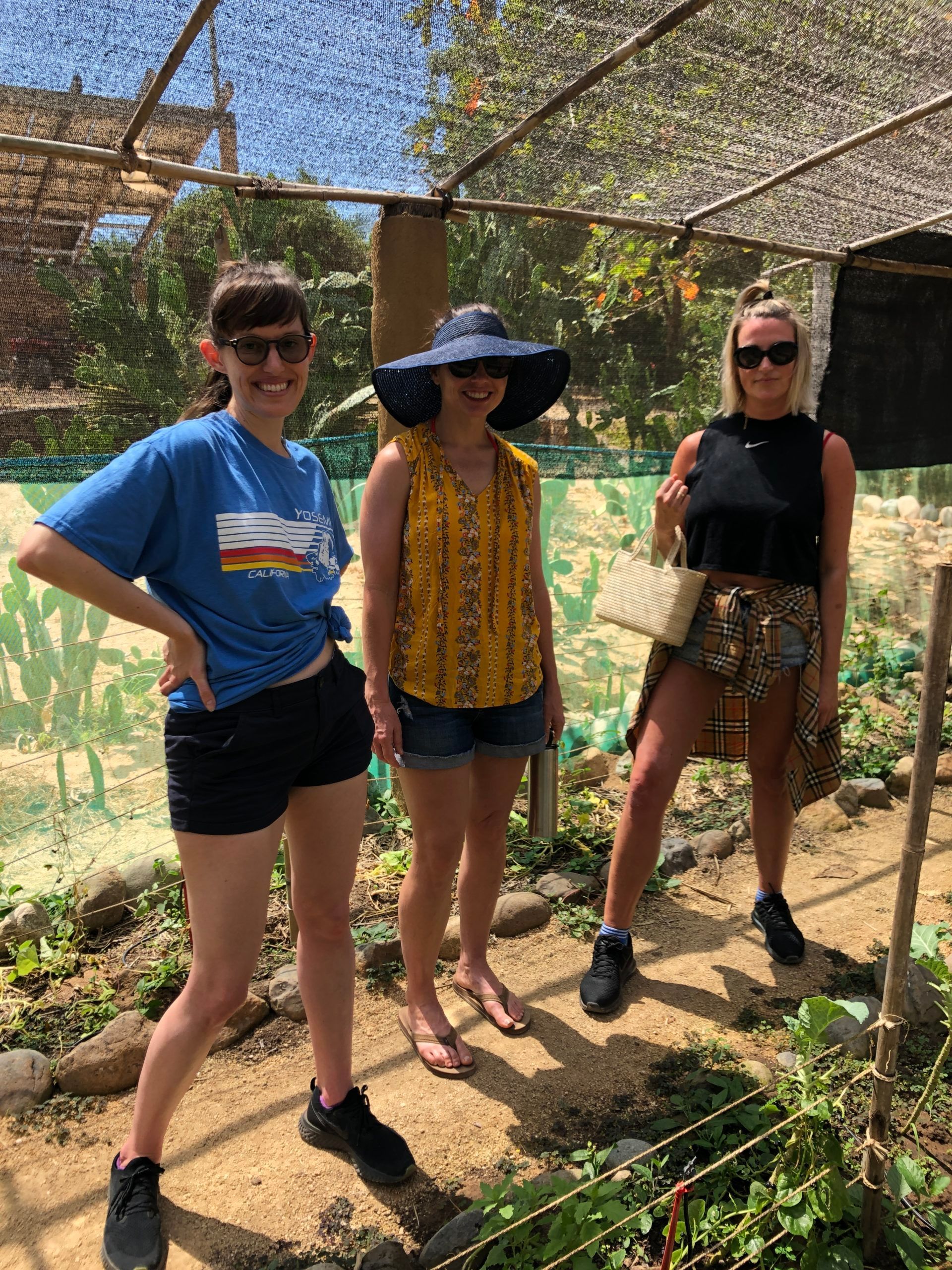 Three people standing outdoors in a sunny garden, smiling under a shaded trellis.