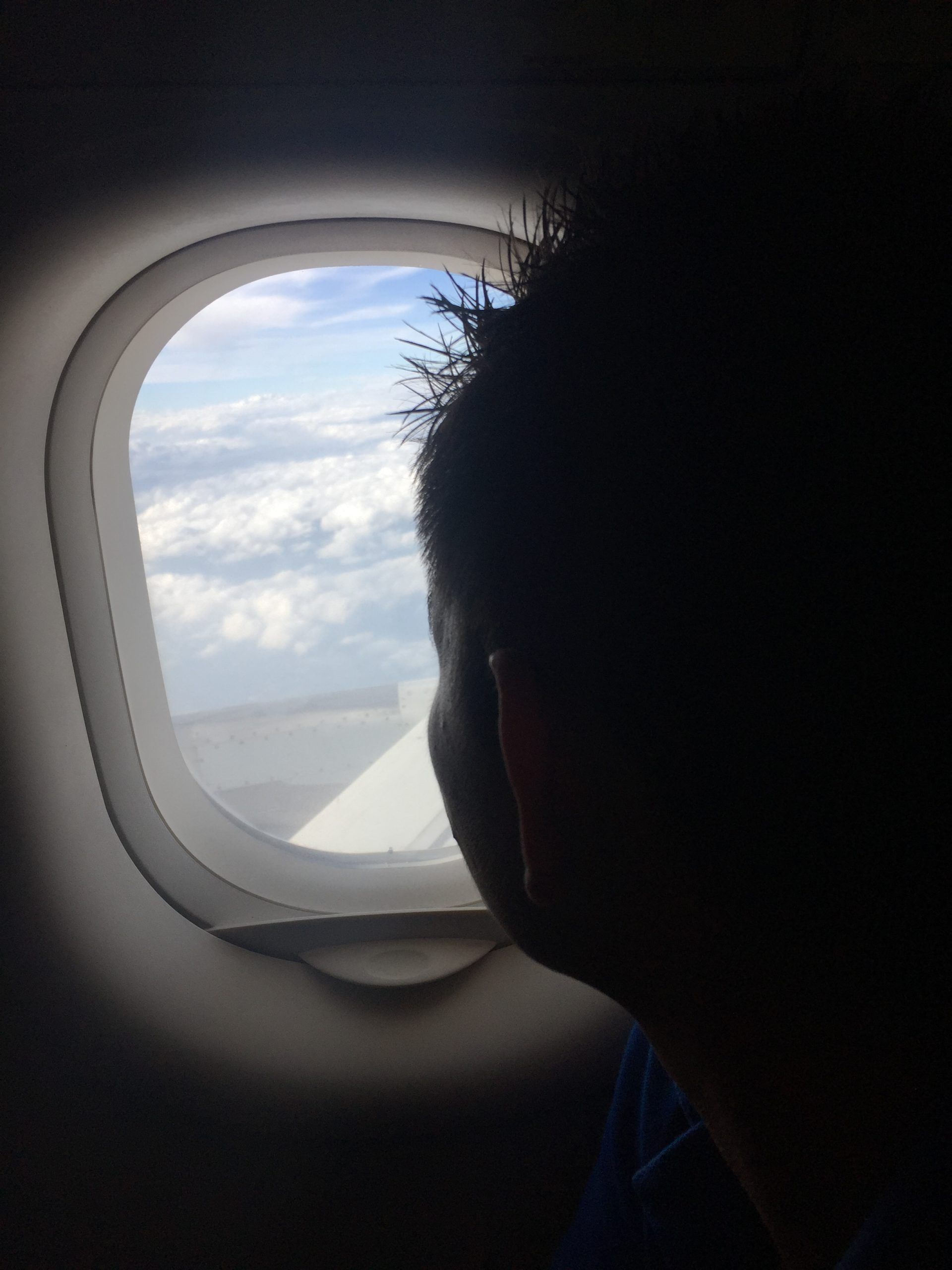 Person silhouetted by an airplane window, looking out at clouds and sky during flight